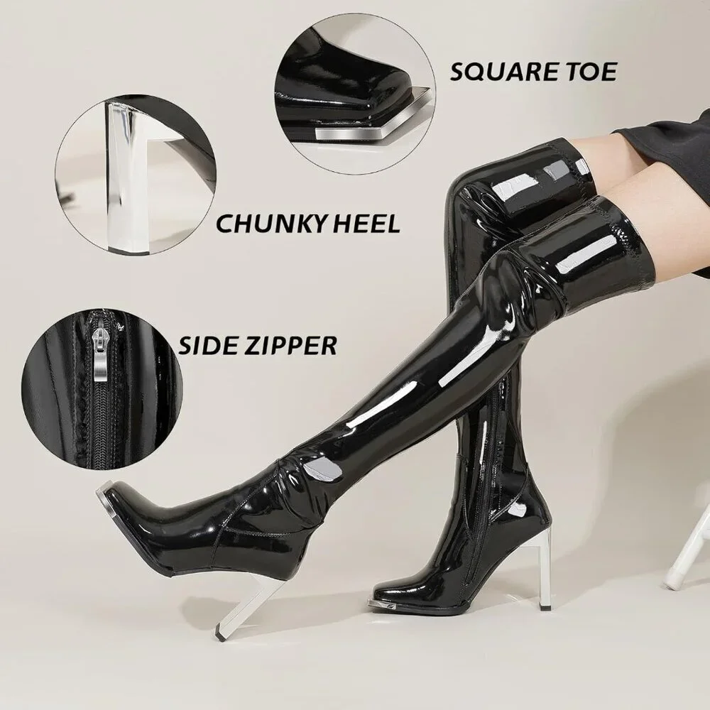 Women Qipiblack Synthetic Thigh High Latex Boots Square Toe Over The Knee Boots